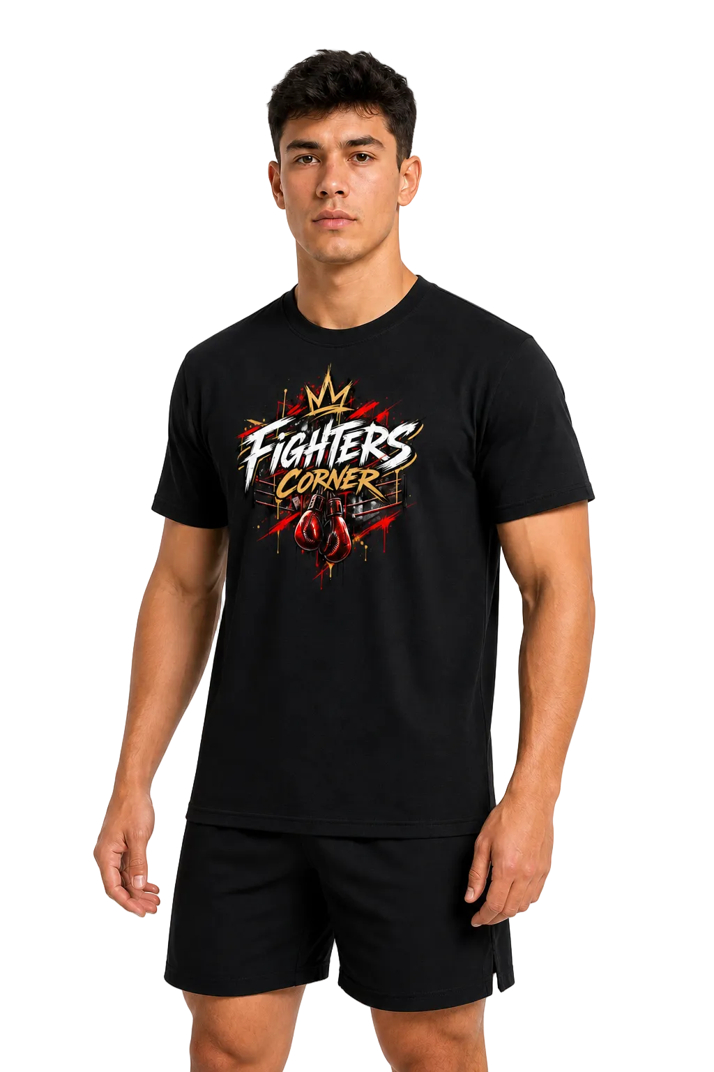 Fighters Corner Fighting Is Not a Hobby black T-shirt, three-quarter front view on model
