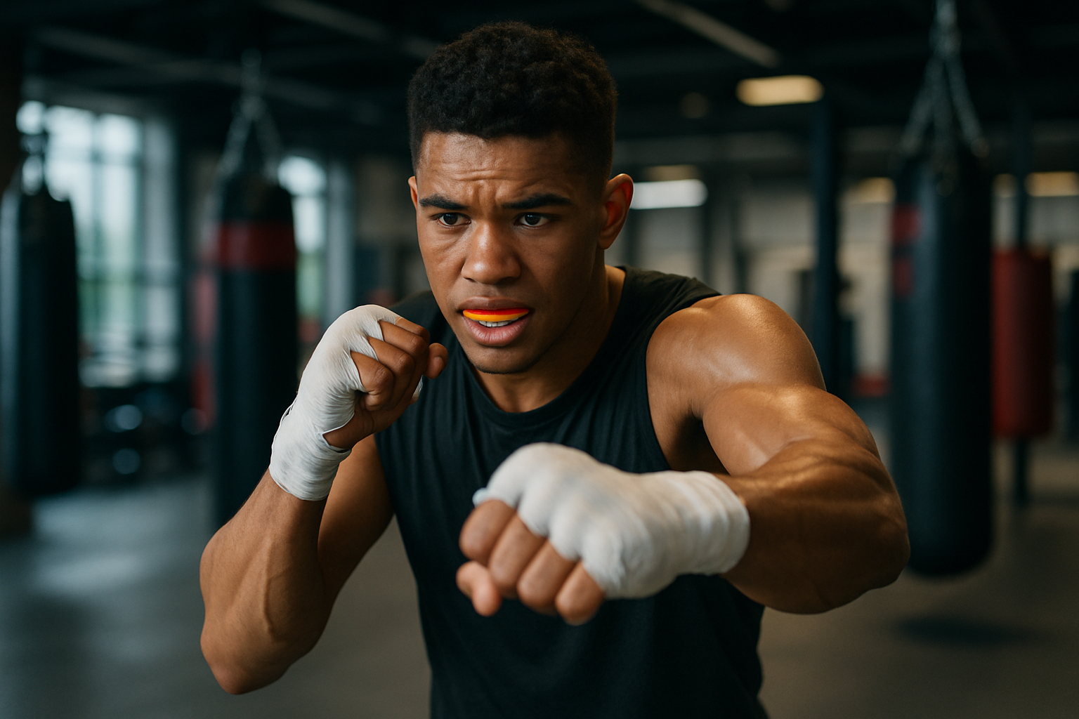 Young black male boxer with white hand wraps and orange mouthguard in a ready fighting stance inside a boxing gym.