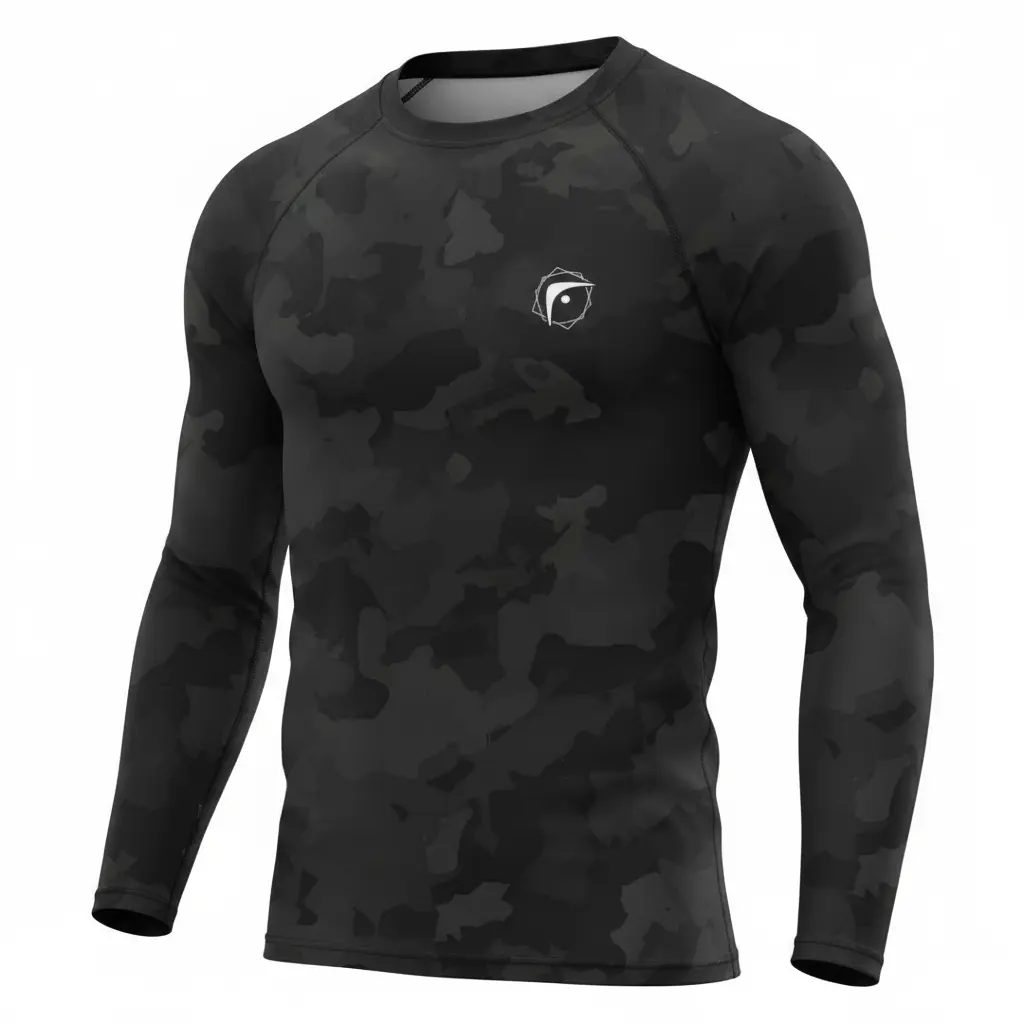 Front view of black camouflage long-sleeve boxing compression shirt by Fighters Corner.