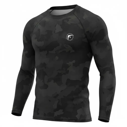 Front view of black camouflage long-sleeve boxing compression shirt by Fighters Corner.