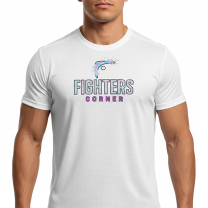 Person wearing a white t-shirt with 'Fighters Corner' logo