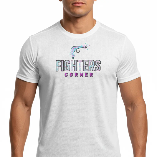 Person wearing a white t-shirt with 'Fighters Corner' logo