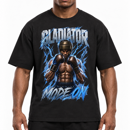 Gladiator Mode On Boxing T-Shirt in black, front view on an athletic boxer with the helmeted boxer graphic.