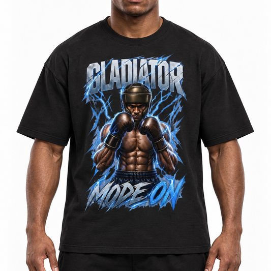 Gladiator Mode On Boxing T-Shirt in black, front view on an athletic boxer with the helmeted boxer graphic.