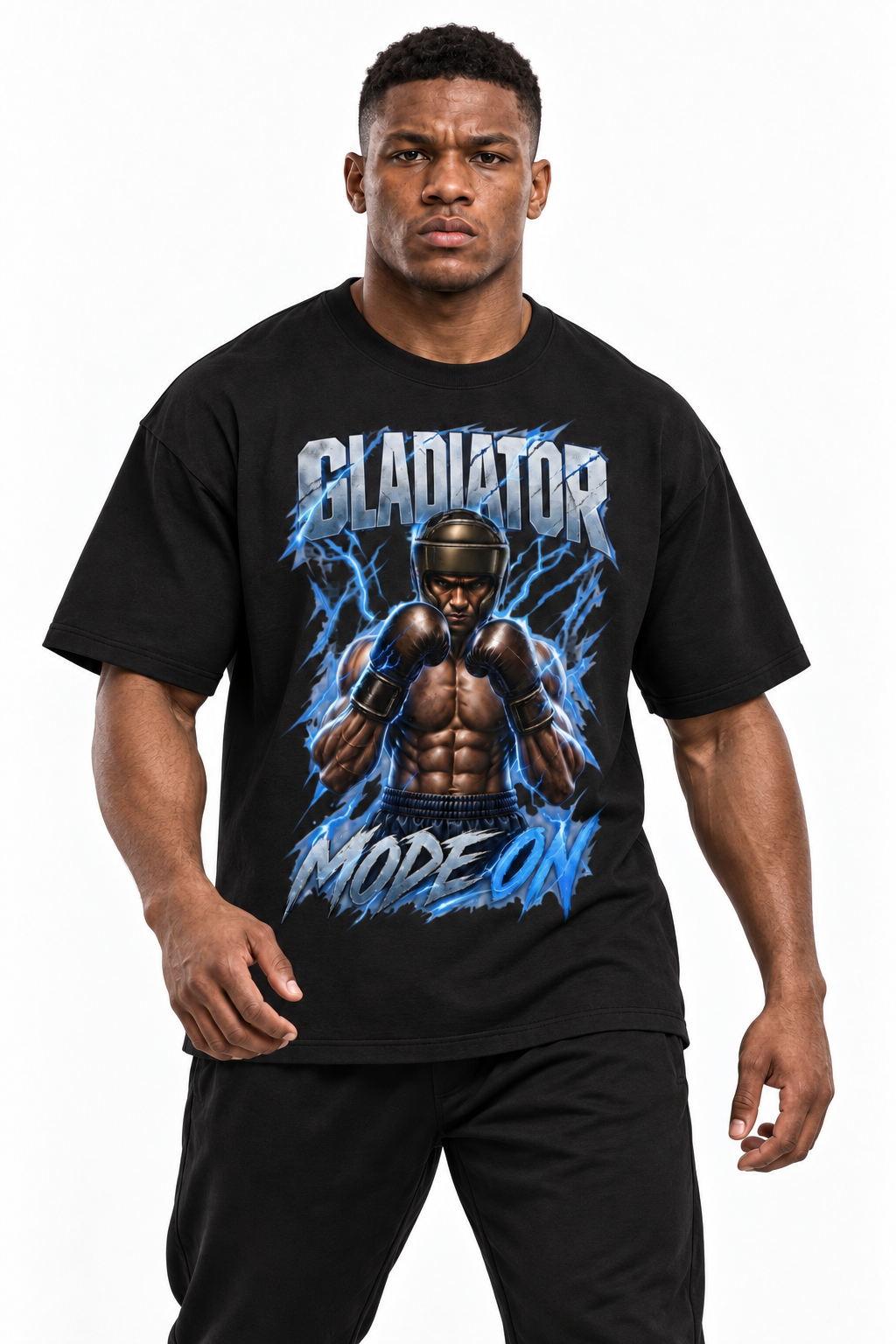Gladiator Mode On Boxing T-Shirt in black, pre-round boxer stance with the front graphic visible.