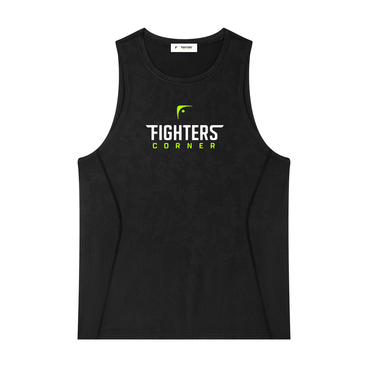 Black jacquard performance tank top front flat lay with Fighters Corner logo