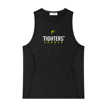 Black jacquard performance tank top front flat lay with Fighters Corner logo