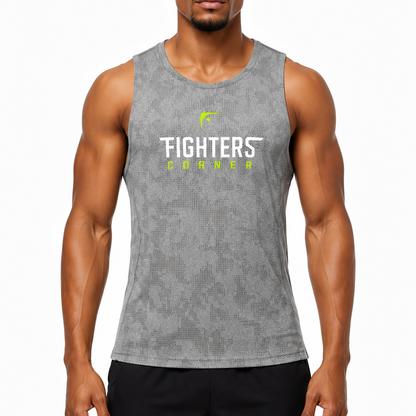 Men's gray jacquard performance tank top front view with Fighters Corner logo