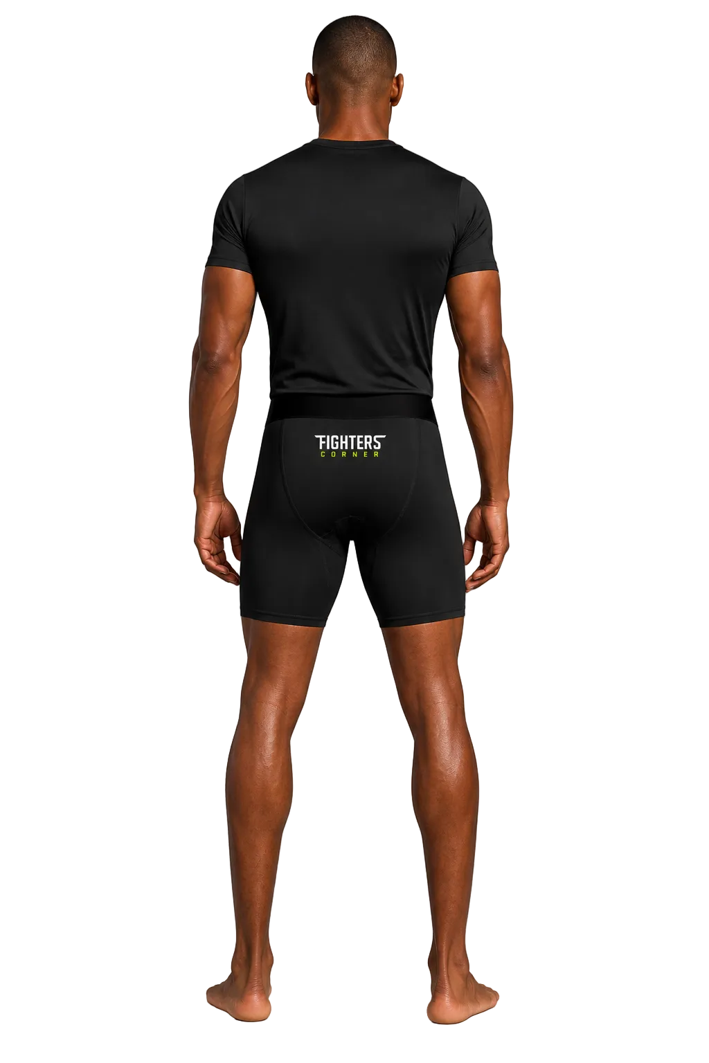 Fighters Corner Men’s Tight Boxing Shorts in Black, back view on athletic model