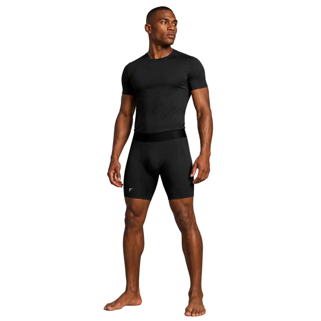 Fighters Corner Men’s Tight Boxing Shorts in Black, front view on athletic model