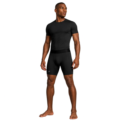 Fighters Corner Men’s Tight Boxing Shorts in Black, front view on athletic model