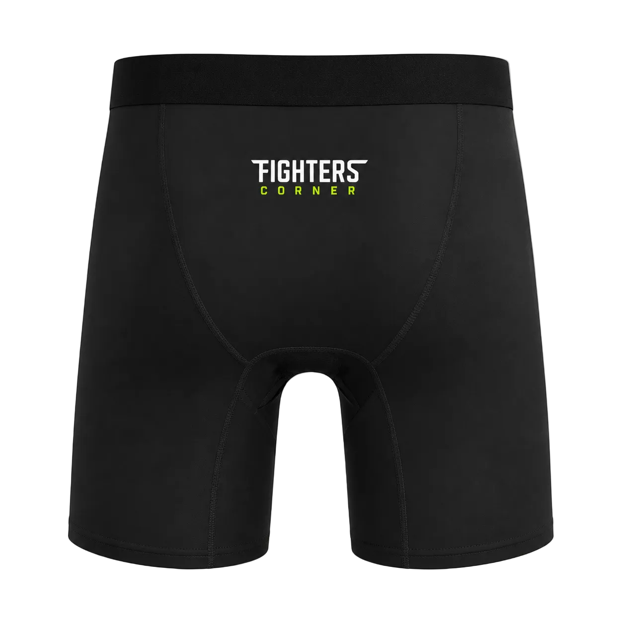 Fighters Corner Men’s Tight Boxing Shorts in Black, back ghost-mannequin view with rear logo