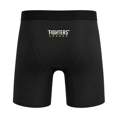 Fighters Corner Men’s Tight Boxing Shorts in Black, back ghost-mannequin view with rear logo