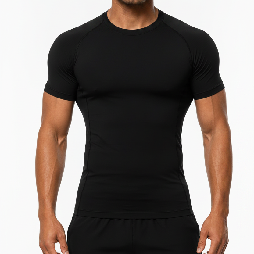A man wearing a tight-fitting black short-sleeve athletic compression shirt and black pants, standing against a plain light background.
