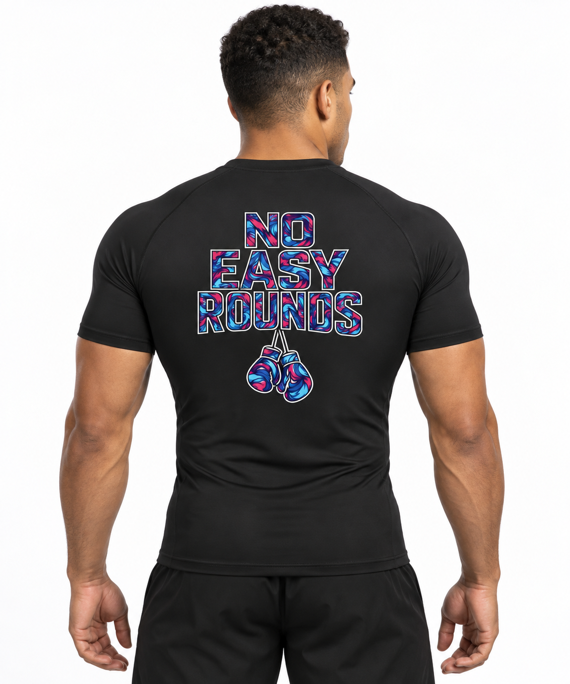 No Easy Rounds Boxing Compression Shirt in black, back view with NO EASY ROUNDS boxing-gloves print on athletic model