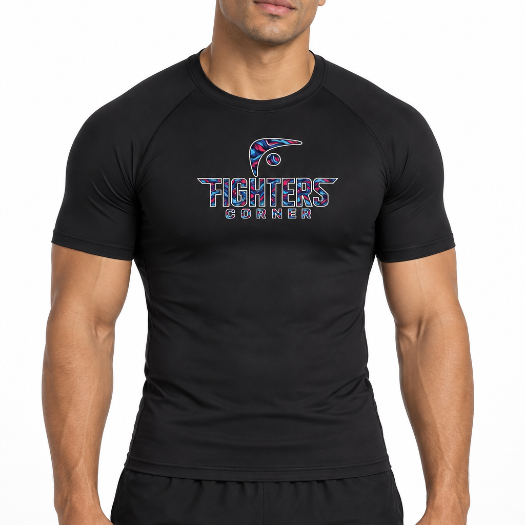 No Easy Rounds Boxing Compression Shirt in black, relaxed front view with Fighters Corner front print on athletic model