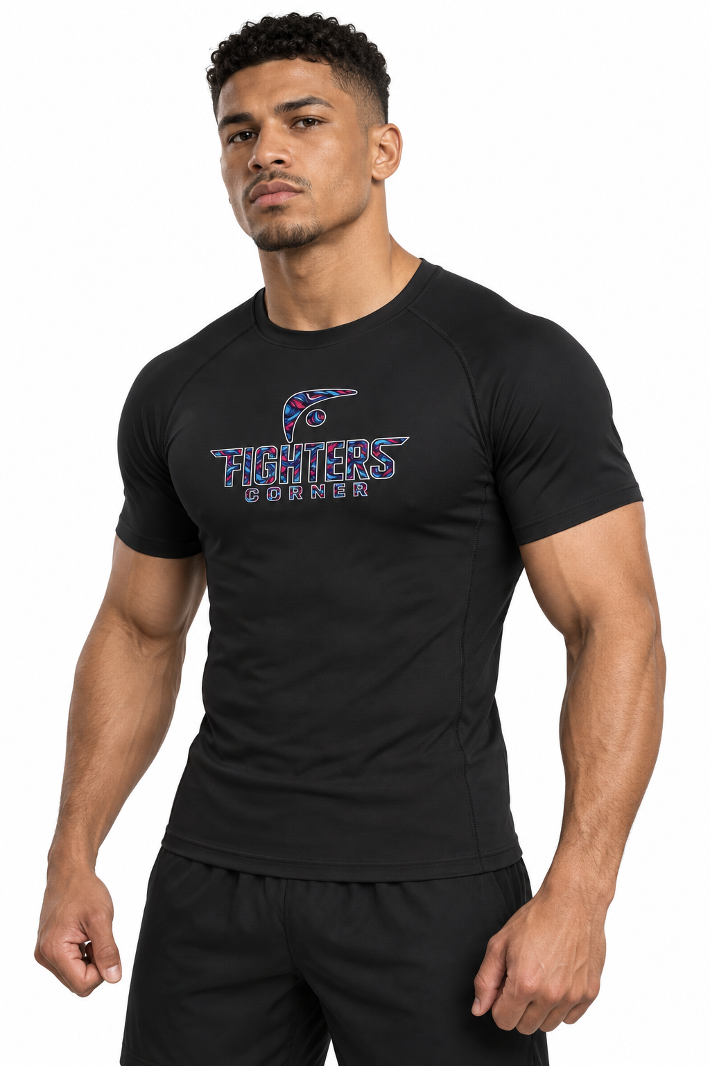 No Easy Rounds Boxing Compression Shirt in black, three-quarter front view with Fighters Corner front print on athletic model