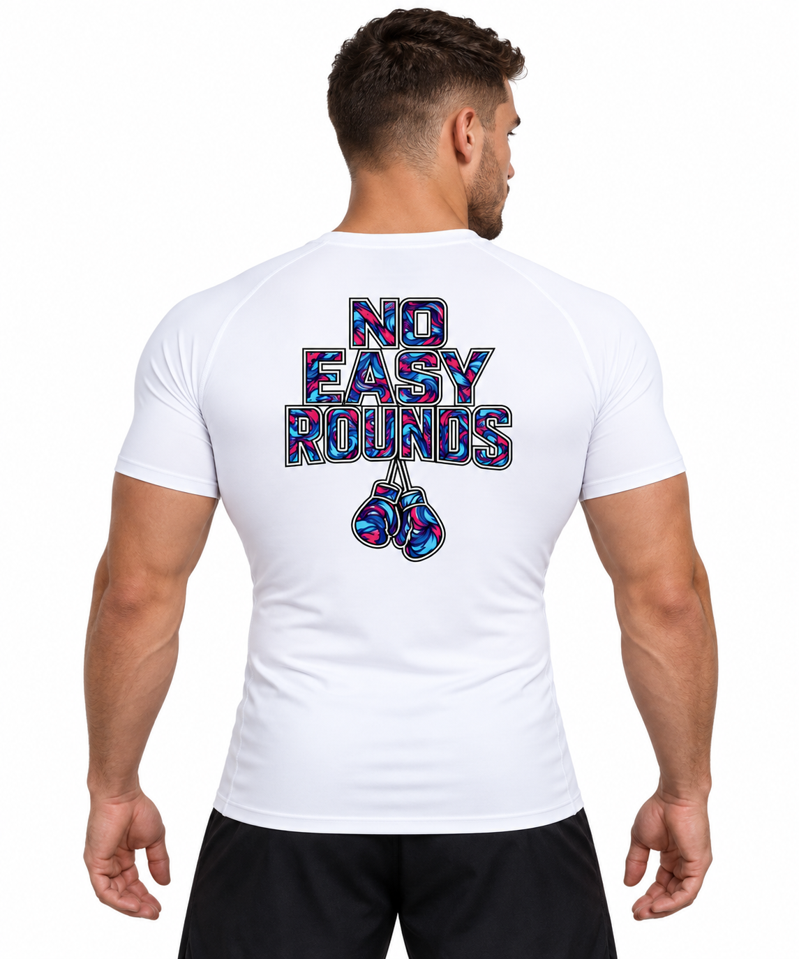No Easy Rounds Boxing Compression Shirt in white, back view with NO EASY ROUNDS boxing-gloves print on athletic model