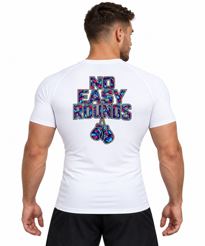 No Easy Rounds Boxing Compression Shirt in white, back view with NO EASY ROUNDS boxing-gloves print on athletic model