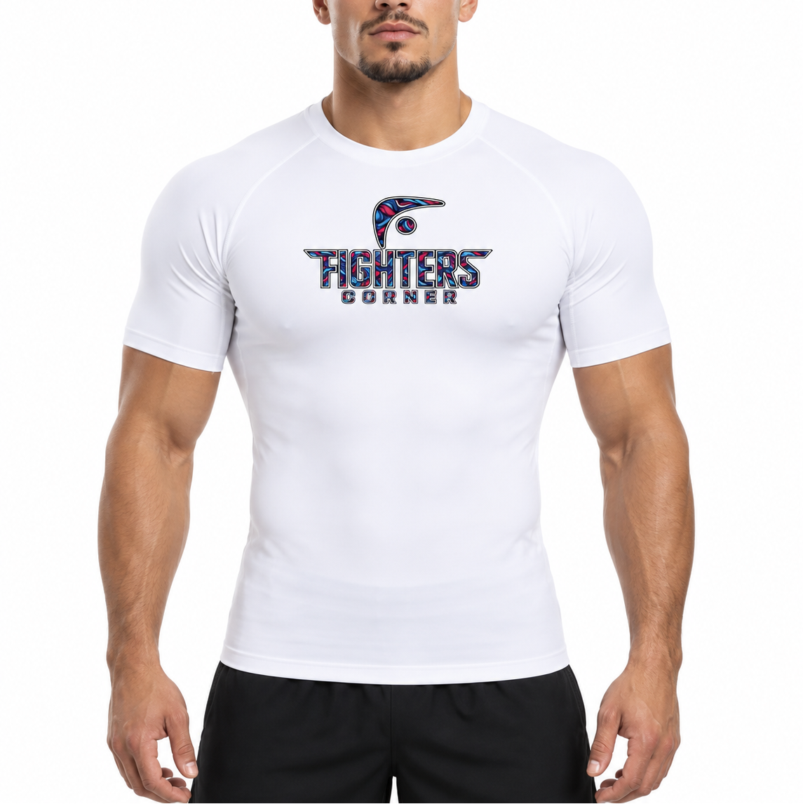 No Easy Rounds Boxing Compression Shirt in white, front view with Fighters Corner front print on athletic model