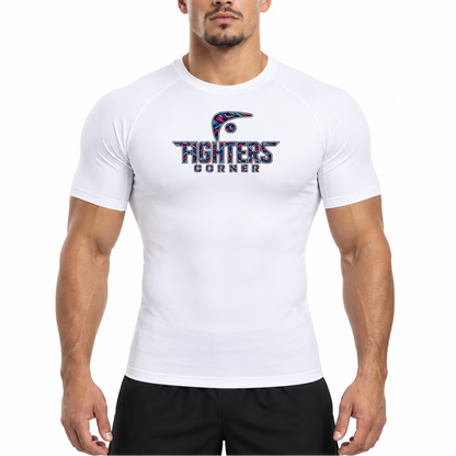 No Easy Rounds Boxing Compression Shirt in white, front view with Fighters Corner front print on athletic model
