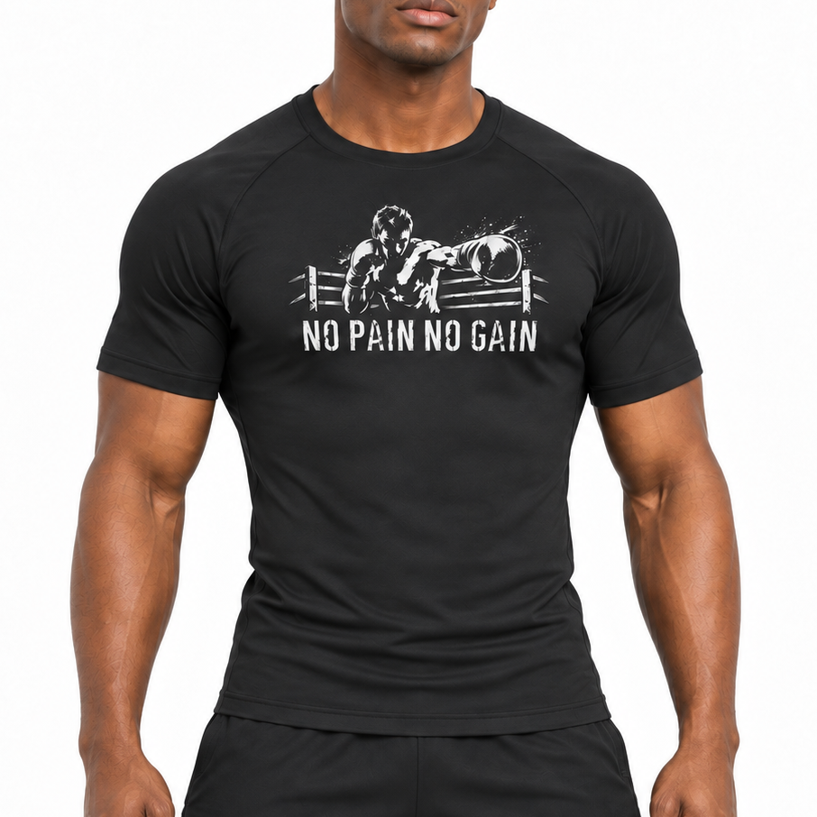 Fighters Corner No Pain No Gain compression performance shirt in Black, front view on athletic model