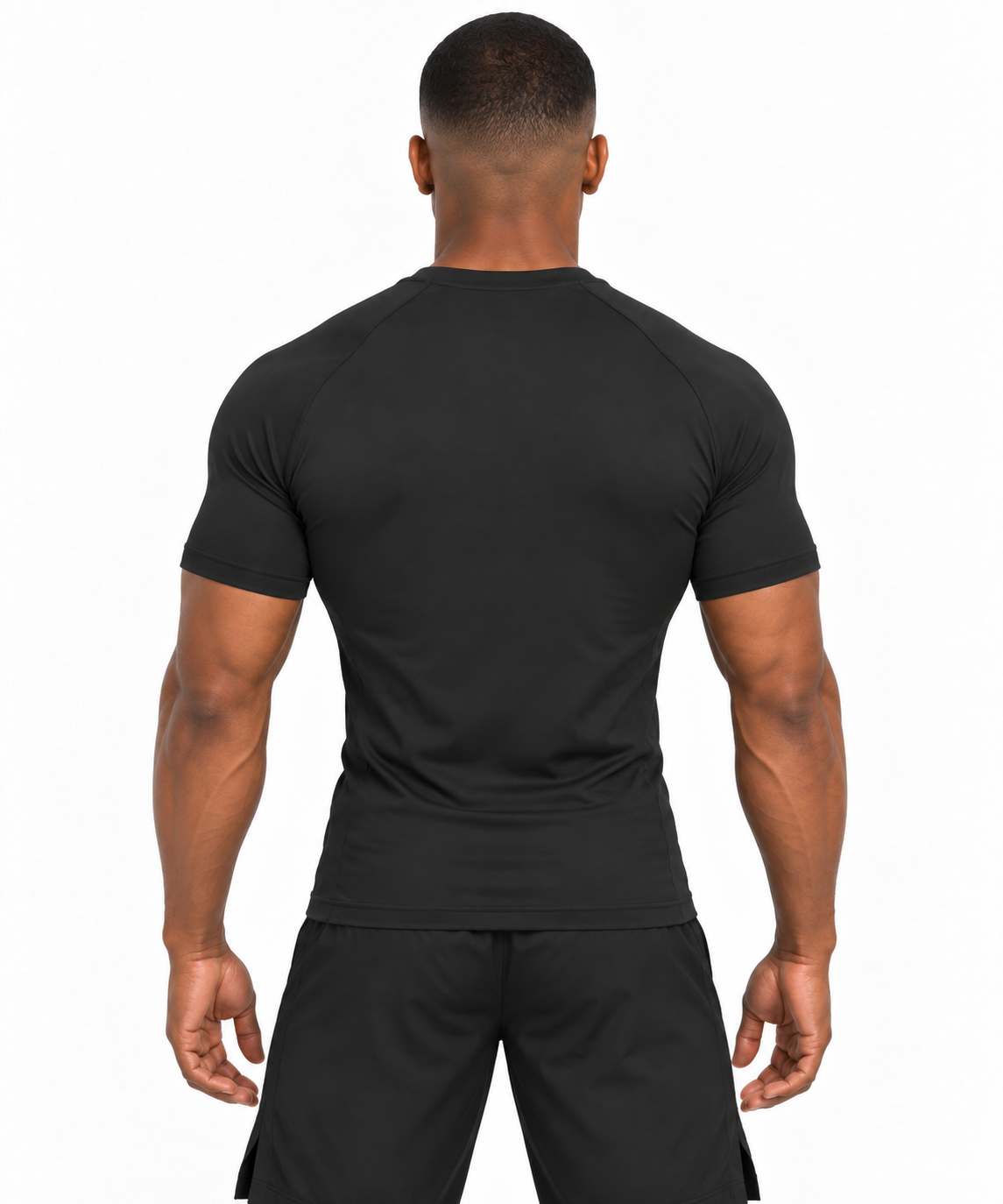Fighters Corner No Pain No Gain compression performance shirt in Black, rear view on athletic model