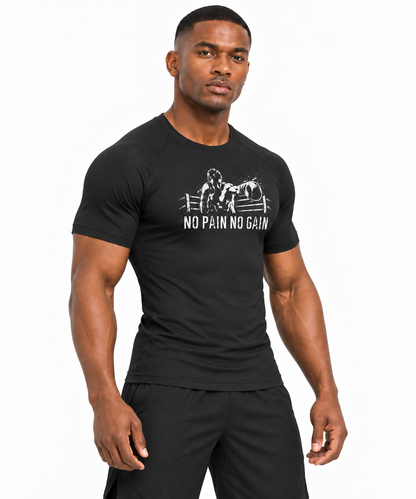 Fighters Corner No Pain No Gain compression performance shirt in Black, three-quarter front view