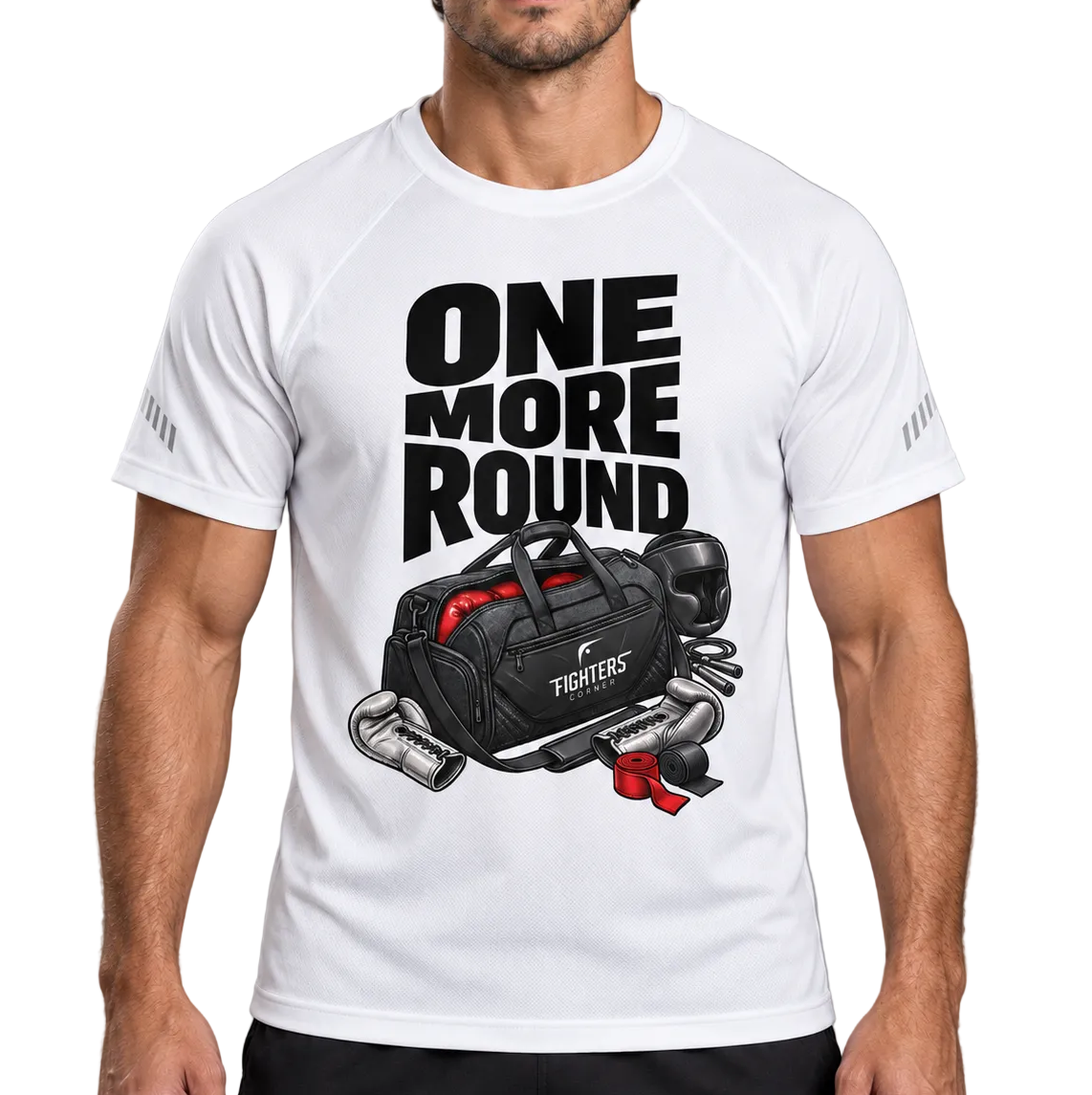 Fighters Corner One More Round Reflective Raglan T-Shirt in White, front graphic close-up