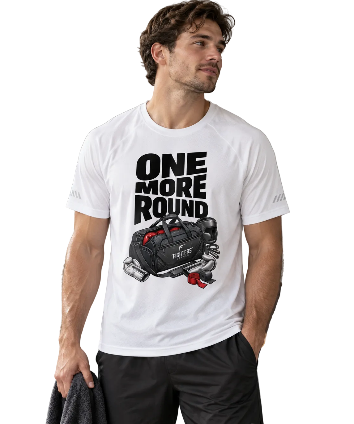 Fighters Corner One More Round Reflective Raglan T-Shirt in White, relaxed gym lifestyle view