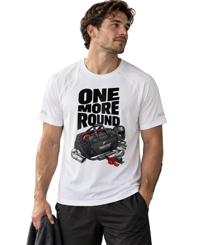 Fighters Corner One More Round Reflective Raglan T-Shirt in White, relaxed gym lifestyle view