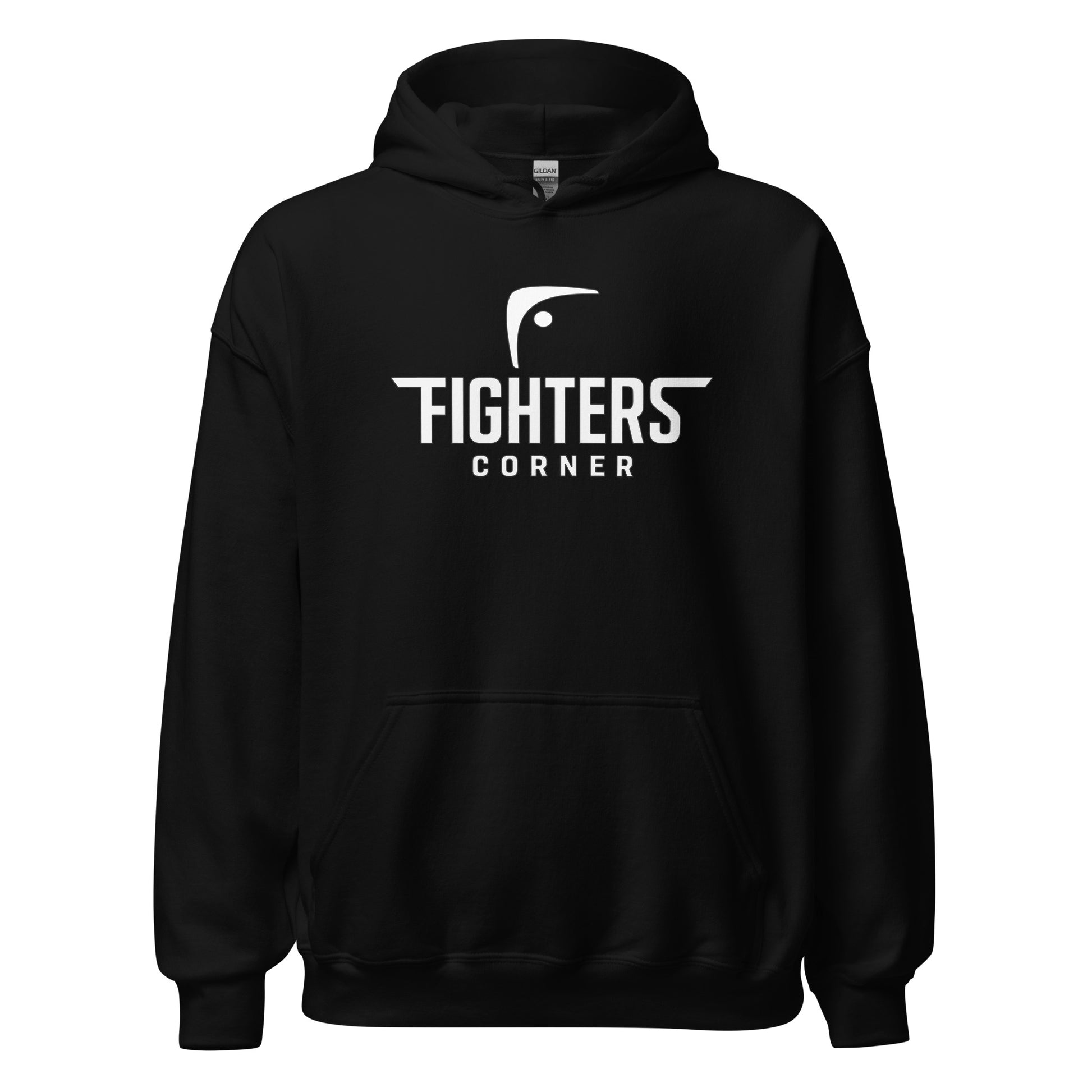 Front view of black Fighters Corner unisex heavy blend hoodie – bold logo for boxing enthusiasts