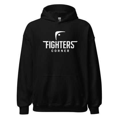 Front view of black Fighters Corner unisex heavy blend hoodie – bold logo for boxing enthusiasts