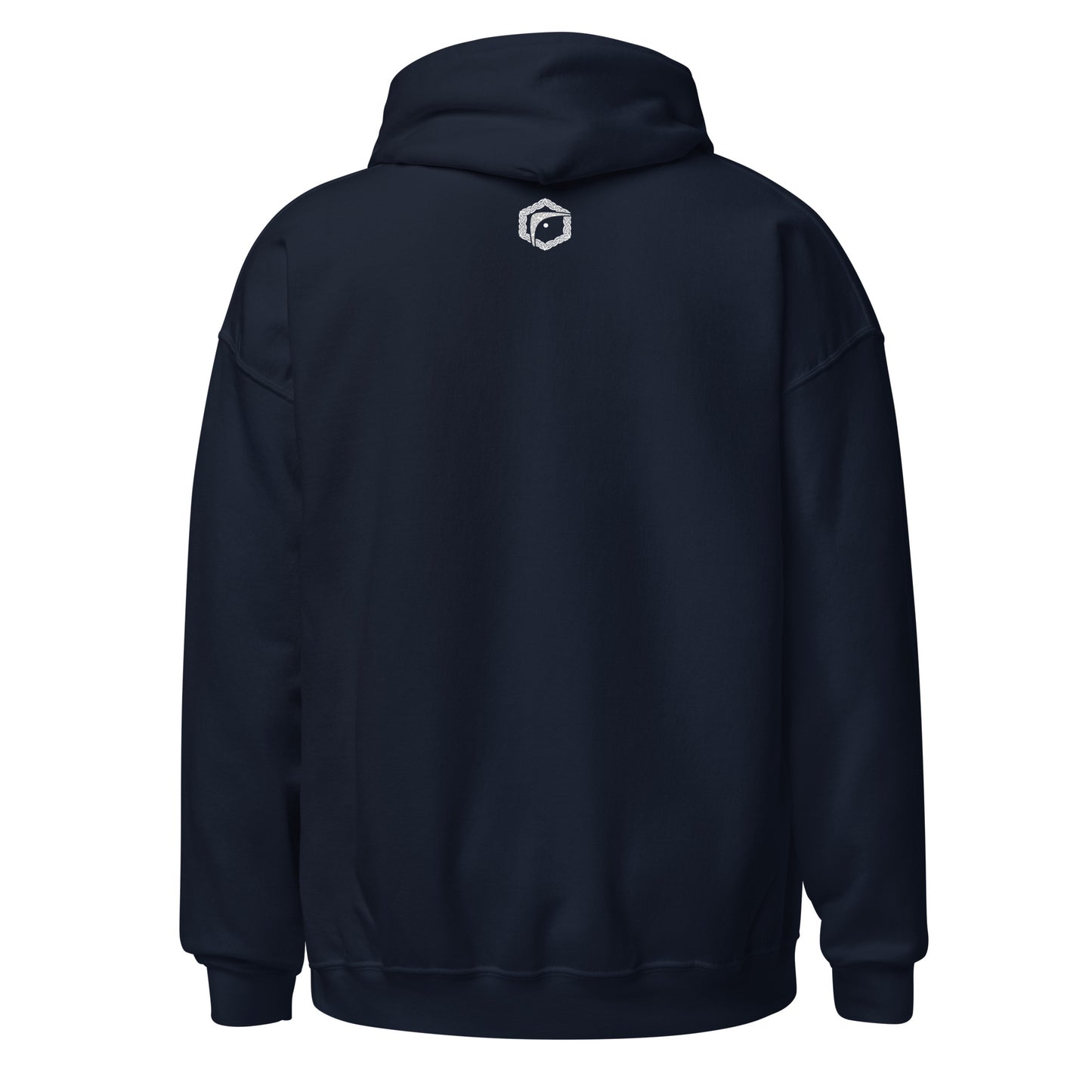 Back view of navy Fighters Corner unisex heavy blend hoodie – small logo on upper back for boxing enthusiasts