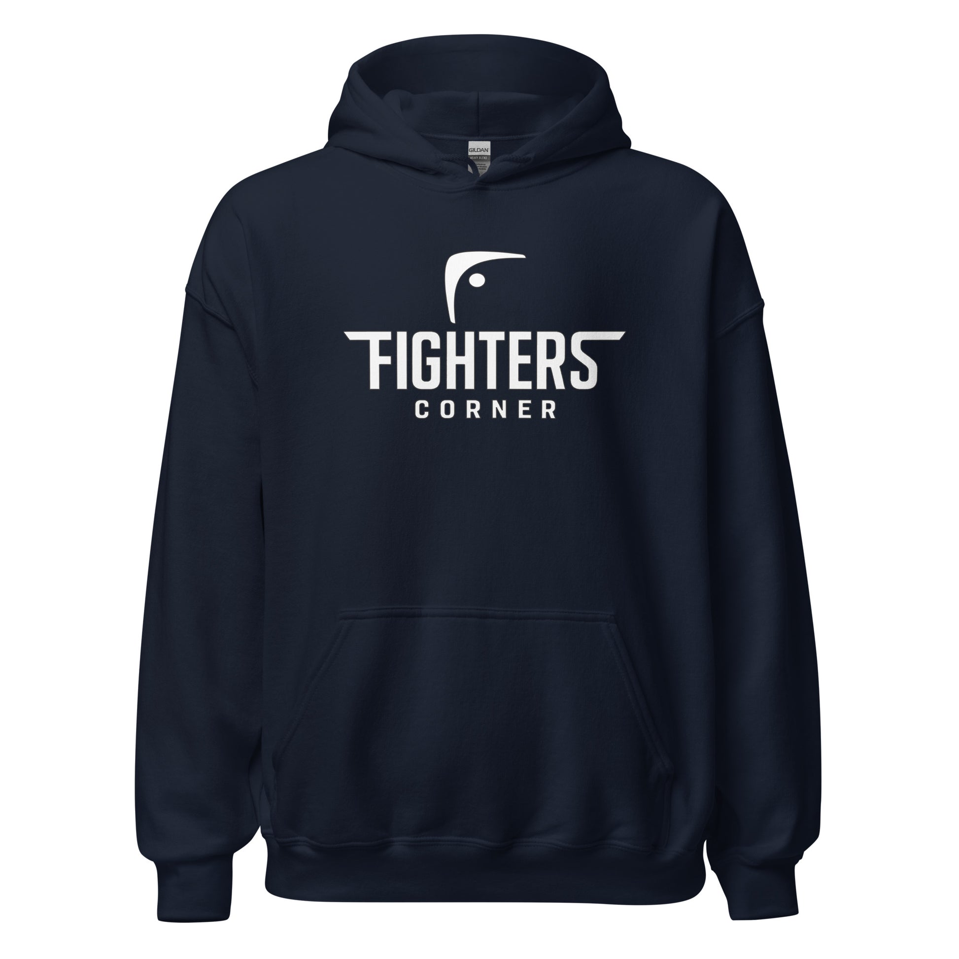 Front view of navy Fighters Corner unisex heavy blend hoodie – bold Fighters Corner logo for boxing enthusiasts