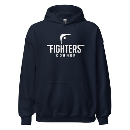 Front view of navy Fighters Corner unisex heavy blend hoodie – bold Fighters Corner logo for boxing enthusiasts