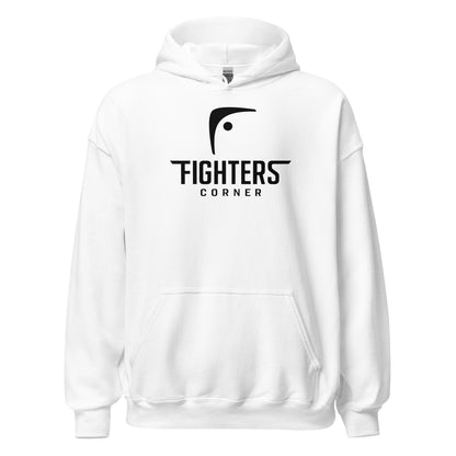 Front view of white Fighters Corner unisex heavy blend hoodie – bold logo for boxing enthusiasts