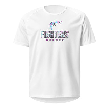 White t-shirt with 'Fighters Corner' text and logo on a white background